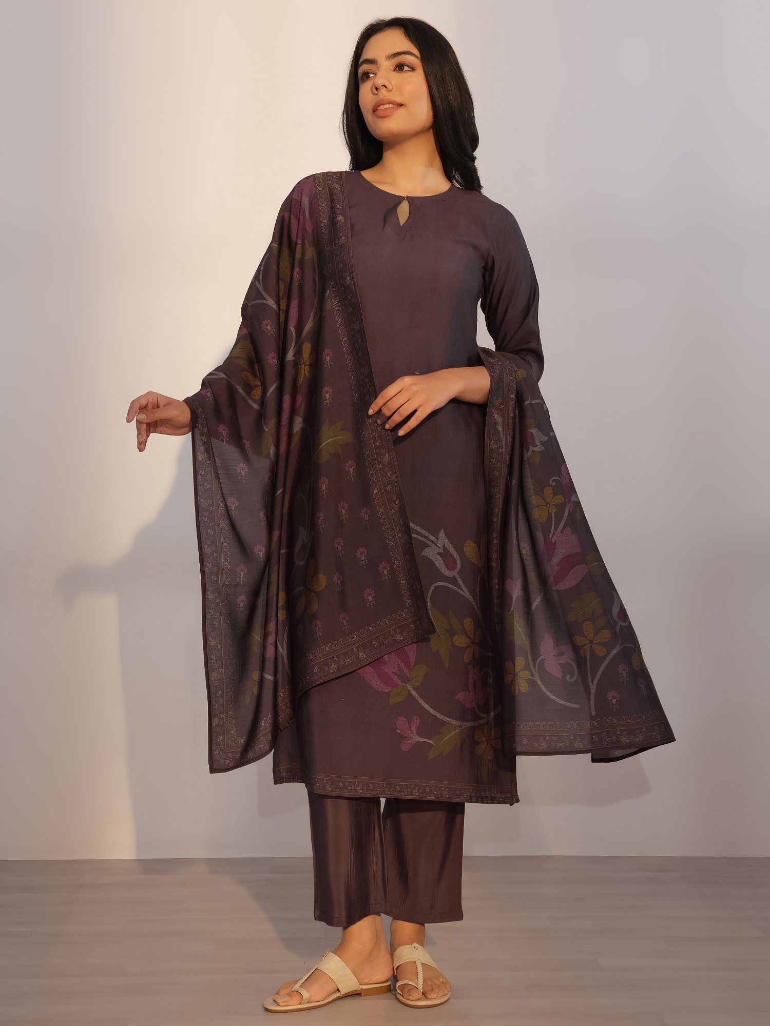 Women Brown Floral Kurta with Pant & Dupatta-image-8