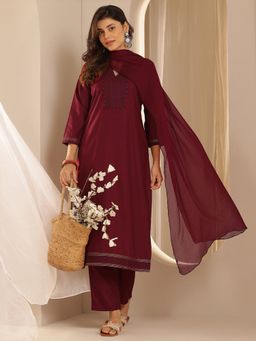 Libas - Women Maroon Embroidered Kurta with Pant & Dupatta