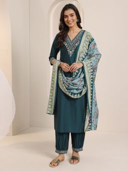 Libas - Women Teal Embroidered Kurta with Salwar & Dupatta
