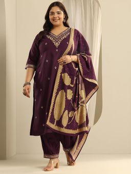 Extra love by Libas - Women Plus Size Wine Floral Kurta with Salwar & Dupatta