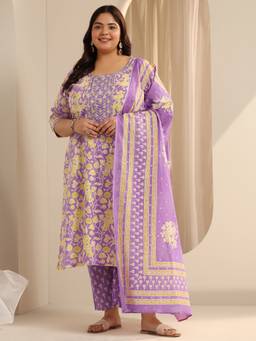 Extra love by Libas - Plus Size Women Lavender Floral Kurta with Palazzo & Dupatta