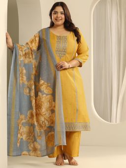 Extra love by Libas - Women Plus Size Mustard Floral Kurta with Palazzo & Dupatta