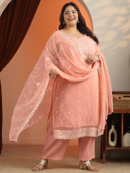 Extra love by Libas - Women Plus Size Peach Embroidered Kurta with Palazzo & Dupatta