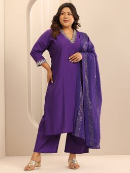 Extra love by Libas - Women Plus Size Purple Embroidered Kurta with Pant & Dupatta