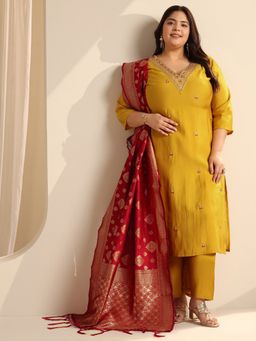 Extra love by Libas - Women Plus Size Mustard Embroidered Kurta with Pant & Dupatta