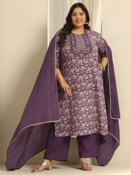 Extra love by Libas - Women Plus Size Purple Floral Kurta with Palazzo & Dupatta
