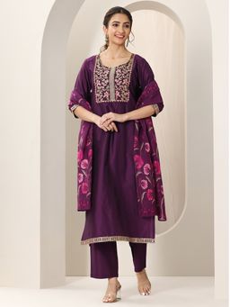 Libas - Women Wine Floral Kurta with Pant & Dupatta