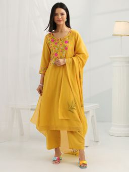 Libas - Women Mustard Floral Kurta with Pant & Dupatta