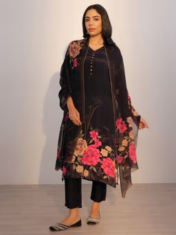 Libas - Women Black Floral Kurta with Pant & Dupatta