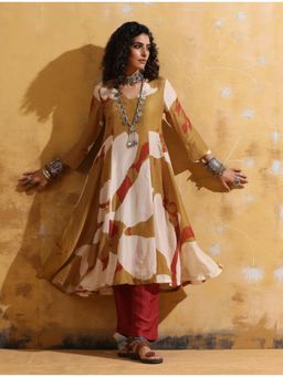 trueBrowns - Women Mustard Printed Anarkali Kurta with Pant
