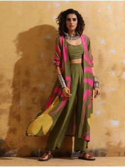 trueBrowns - Women Green Floral Jacket with Crop Top & Palazzo