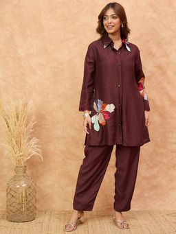Varanga - Women Brown Floral Shirt with Pant