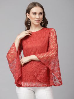 KASSUALLY - Rust Red Self Design Lace Top
