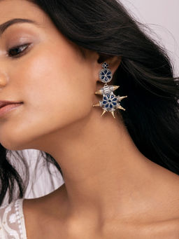 Indya - Earthen BY INDYA Dual Tone Blue Stone Spike Dangler Earrings