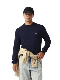 The Bear House - Men Navy Blue Solid Cotton Relaxed Fit Tshirt