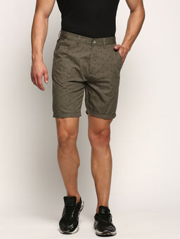 SHOWOFF - Mens Mid-Rise Above Knee Printed Olive Cotton Short