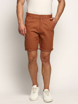 SHOWOFF - Mens Mid-Rise Above Knee Solid Camel Brown Cotton Short