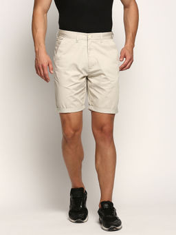 SHOWOFF - Mens Mid-Rise Above Knee Solid Beige Cotton Short