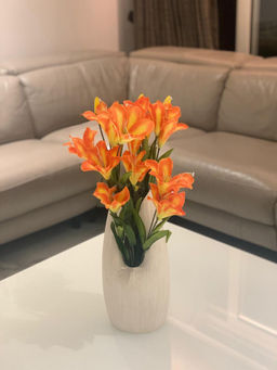 Fourwalls - Artificial Lily Flower Bunch for Home Decor (18 Heads, 60 cm Tall, Set of 2, Orange)