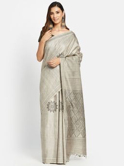 Fabindia - Grey Silk Hand Block Woven Saree without Blouse