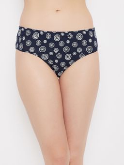 Clovia - Mid Waist Printed Hipster Panty In Navy with Inner Elastic Cotton Blue