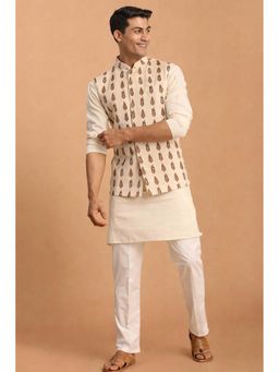 Vastramay - Men Cotton Leaf Printed Nehru Jacket with Kurta & Pant