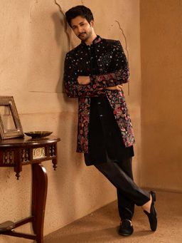Vastramay - Black Velvet Mandarin Neck Mid Waist Sherwani With Kurta & Pant