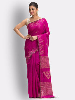 Angoshobha - Deep Pink Cotton Blended Handloom Jamdani Saree with Unstitched Blouse