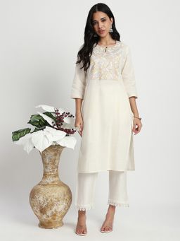 R&B - Off White Embroidered Regular Kurta