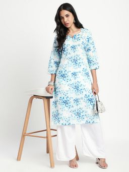 R&B - Blue Floral Print Regular Kurta