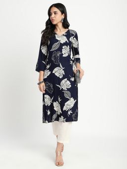 R&B - Navy Blue Floral Print Regular Kurta