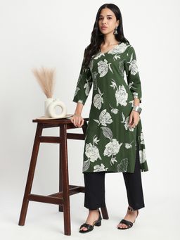 R&B - Olive Floral Print Regular Kurta
