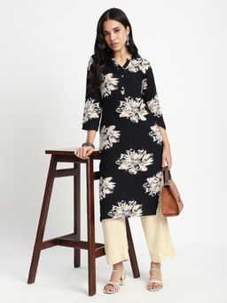 R&B - Black Floral Print Straight Kurta