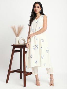 R&B - White Floral Embroidered Relaxed Kurta