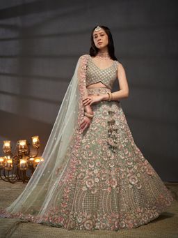 Panchhi - Sea Green Net Embroidered Semi-Stitched Lehenga And Unstitched Blouse With Dupatta