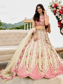 Panchhi - Cream Tissue Embroidered Semi-Stitched Lehenga And Unstitched Blouse With Dupatta