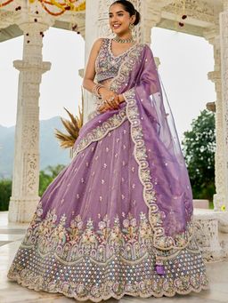 Panchhi - Purple Satin Embroidered Semi-Stitched Lehenga And Unstitched Blouse With Dupatta