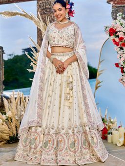Panchhi - Cream Silk Embroidered Semi-Stitched Lehenga And Unstitched Blouse With Dupatta