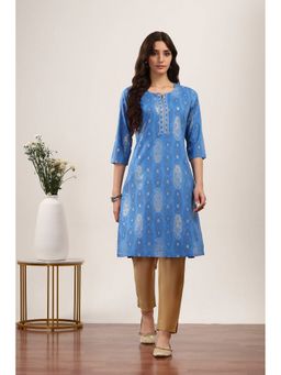 Rangriti - Women Blue Rayon Straight Kurta