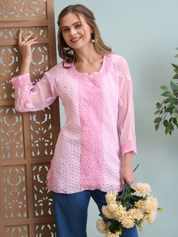ADA - Hand Embroidered Pink Georgette Lucknowi Chikankari Short Kurti