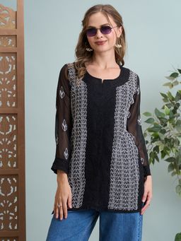 ADA - Hand Embroidered Black Georgette Lucknowi Chikankari Short Kurti