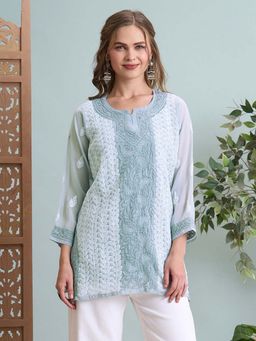 ADA - Hand Embroidered Grey Georgette Lucknowi Chikankari Short Kurti