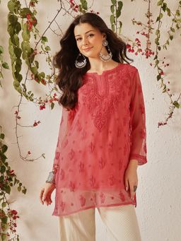 ADA - Hand Embroidered Peach Georgette Lucknowi Chikankari Short Kurti