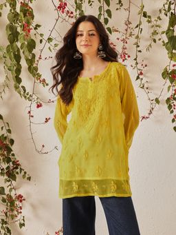 ADA - Hand Embroidered Yellow Georgette Lucknowi Chikankari Short Kurti