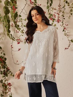 ADA - Hand Embroidered White Georgette Lucknowi Chikankari Short Kurti