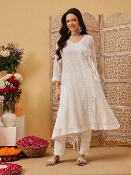 ADA - Hand Embroidered White Kota Angarkha Lucknowi Chikankari Kurta