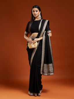 Kasee - Women Black Silk Blend Embroidered Saree With Unstitched Blouse