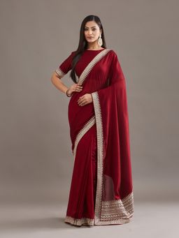 Kasee - Women Maroon Silk Blend Embroidered Saree With Unstitched Blouse