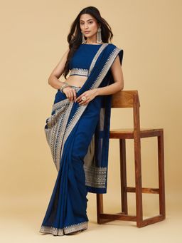 Kasee - Women Blue Silk Blend Embroidered Saree With Unstitched Blouse