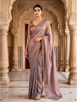 Kasee - Women Copper Silk Blend Solid Saree With Unstitched Blouse